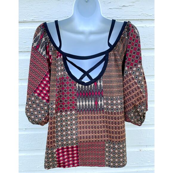 HIPPIE LAUNDRY Top Blouse Womens M Balloon Sleeve Peasant Shirt Strappy Gathered - Picture 2 of 5